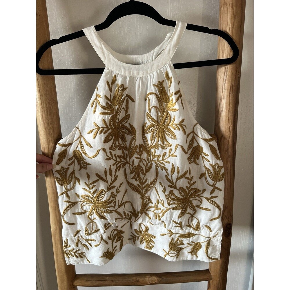 Vanessa Virginia White Gold Linen Floral Embroidered Halter Tank Top Size 6
